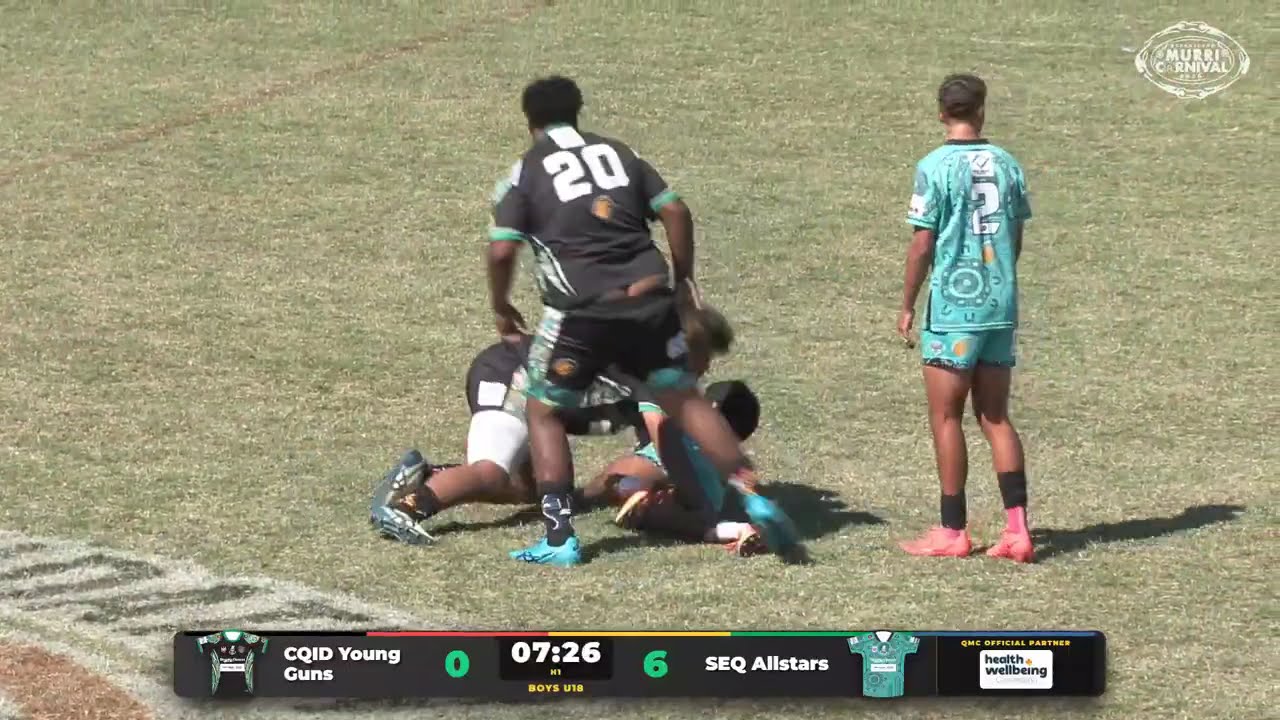 CQID Young Guns v SEQ Allstars in the Boys U18 Grand Final, with the Red Corner scoreboard graphic on screen