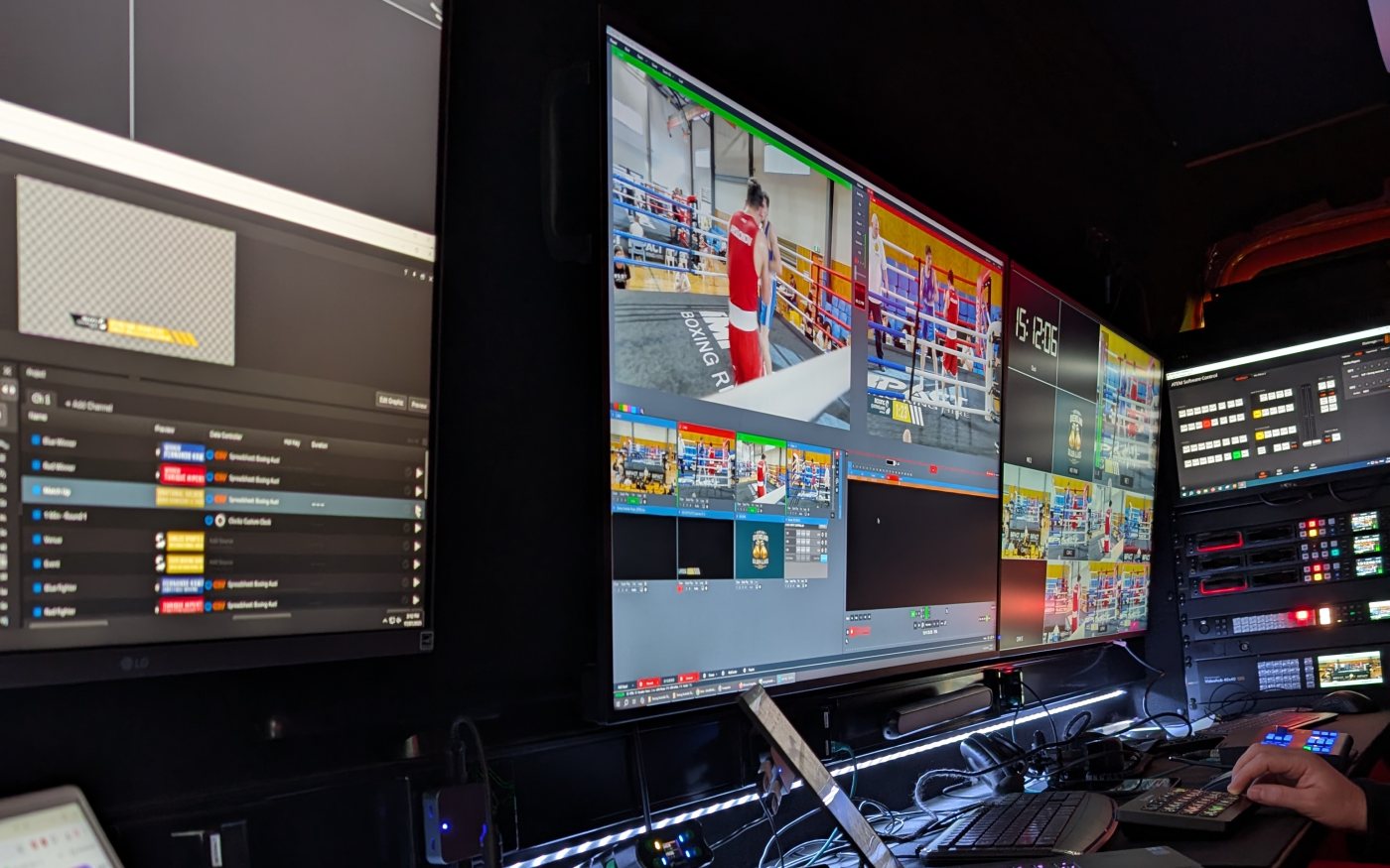 The graphics and vision positions during a boxing broadcast, with the multiviewer showing the ring cameras